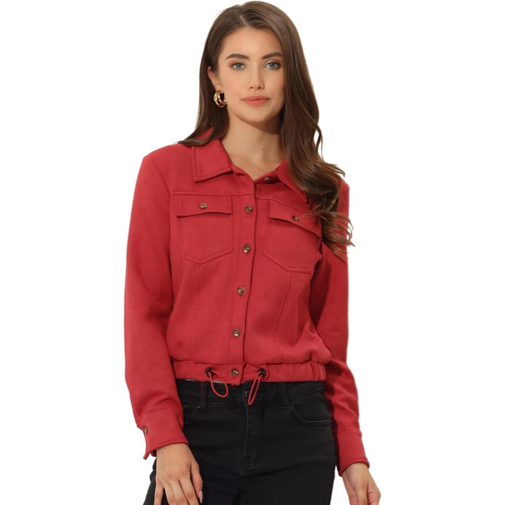 imageAllegra K Womens Faux Suede Jacket Button Down Collar Cropped Biker Motorcycle Jacket Fall Winter CoatRed