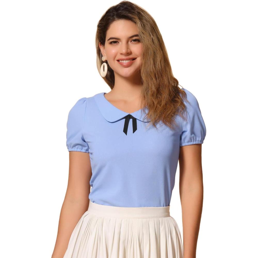 imageAllegra K Womens Peter Pan Collar Shirt Vintage 1950s Solid Short Sleeve BlouseLight Blue