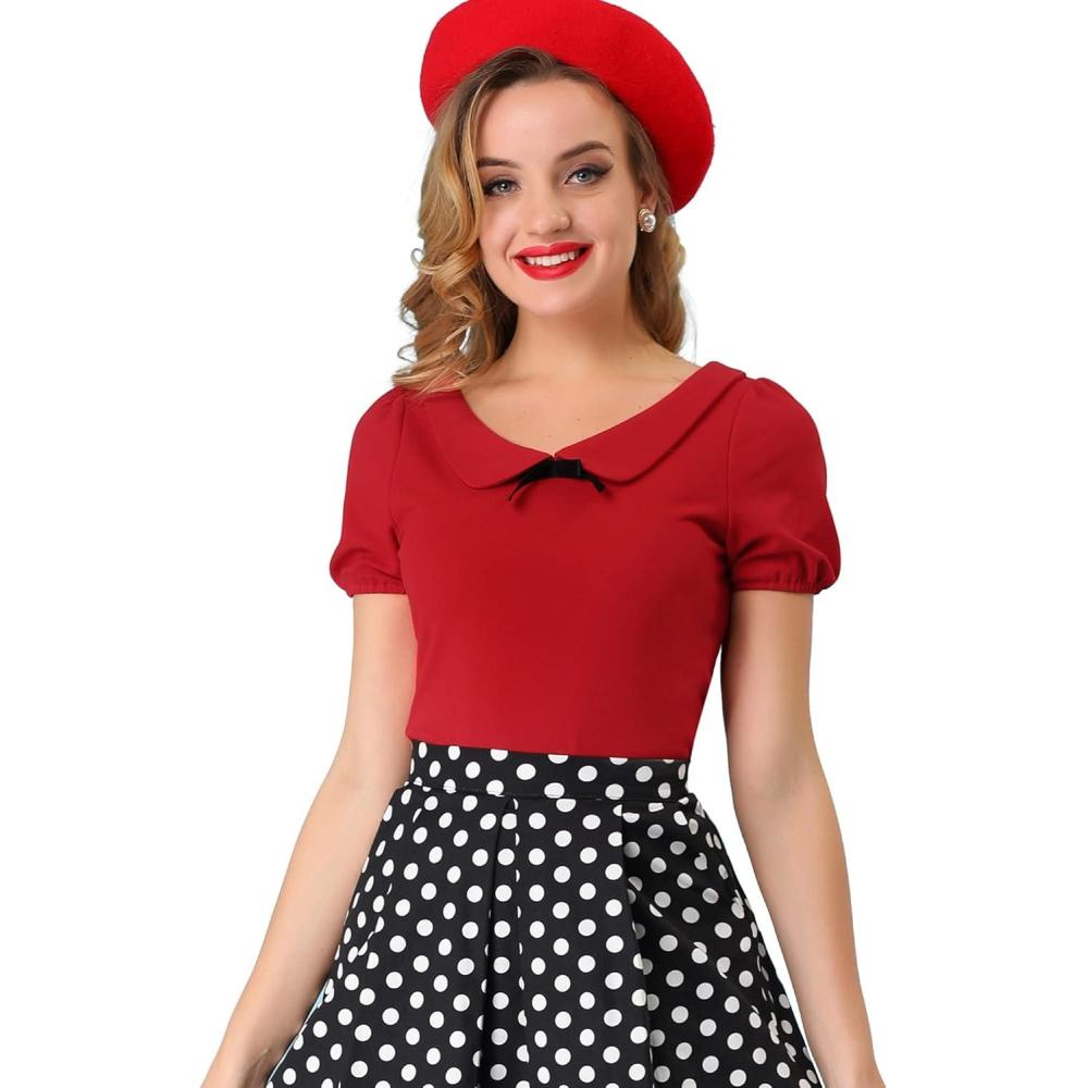 imageAllegra K Womens Peter Pan Collar Shirt Vintage 1950s Solid Short Sleeve BlouseRed