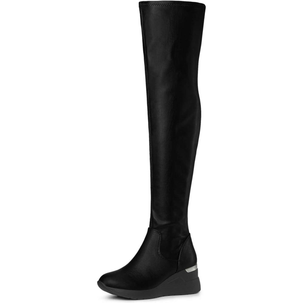 imageAllegra K Womens Platform Wedge Chunky Heels Over the Knee Thigh High BootsBlack