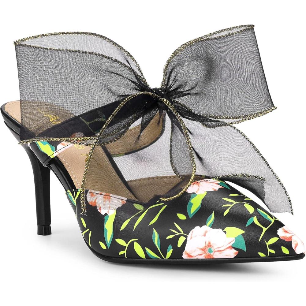 imageAllegra K Womens Pointed Toe Lace Bow Floral Printed Stiletto Heels MulesBlack