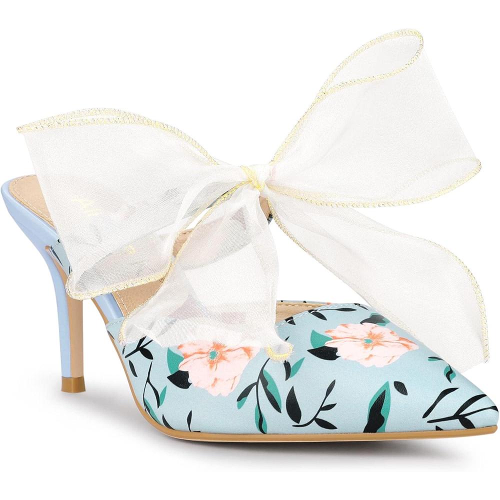imageAllegra K Womens Pointed Toe Lace Bow Floral Printed Stiletto Heels MulesBlue