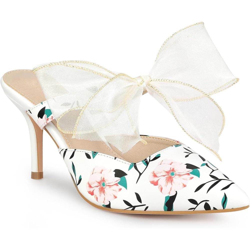 imageAllegra K Womens Pointed Toe Lace Bow Floral Printed Stiletto Heels MulesWhite