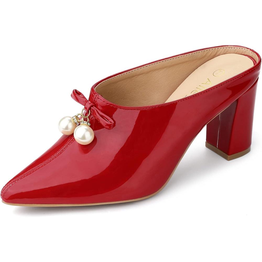 imageAllegra K Womens Pointed Toe Pearl Bow Chunky Heel Slides MulesRed