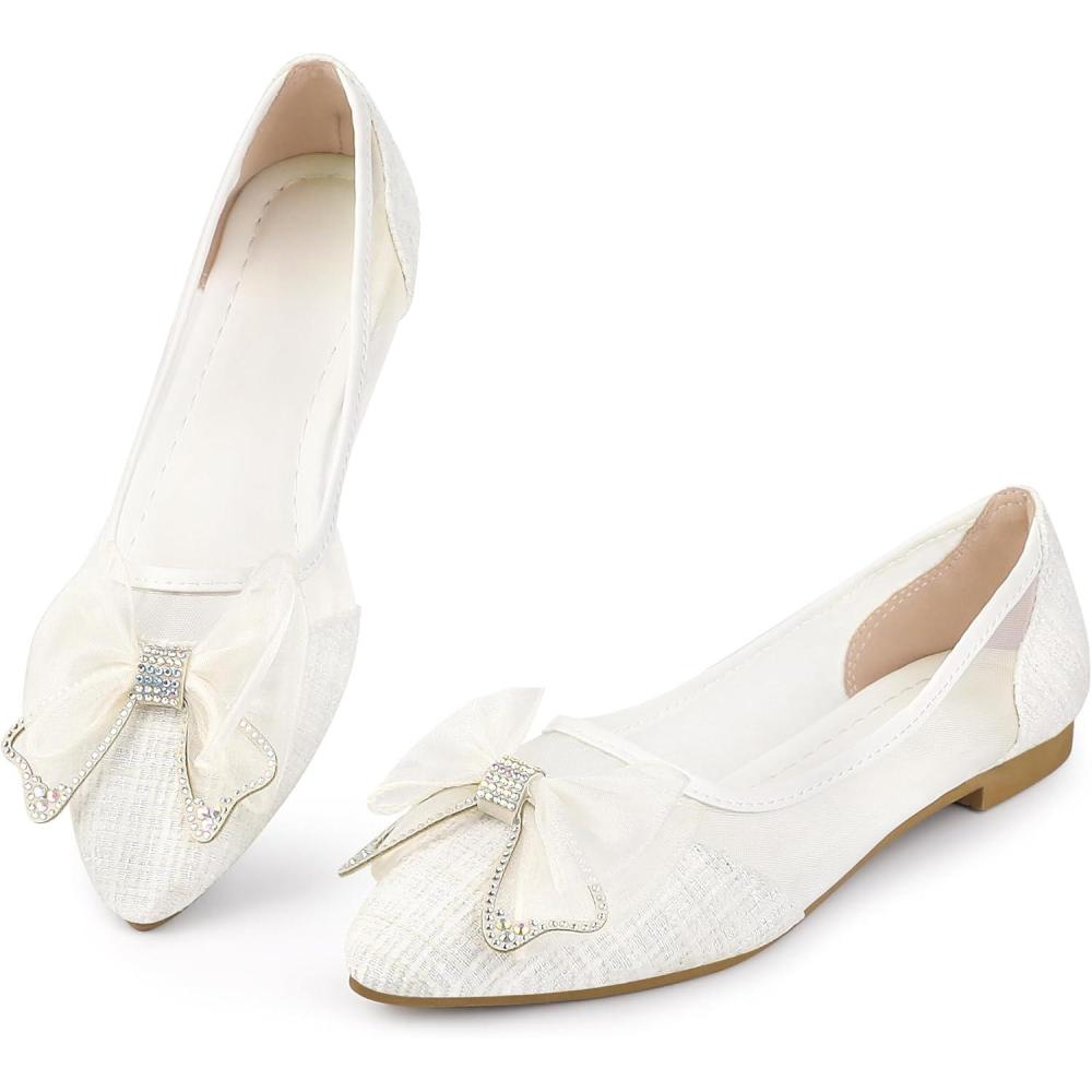 imageAllegra K Womens Pointed Toe Rhinestone Bow Slip on Mesh Ballet FlatsWhite