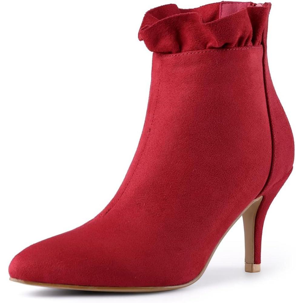 imageAllegra K Womens Pointed Toe Stiletto Heel Ruffle Ankle BootsRed
