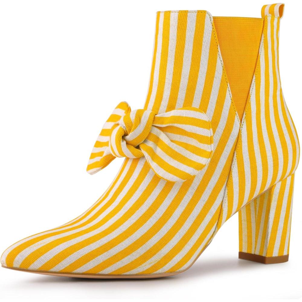 imageAllegra K Womens Pointed Toe Zip Striped Chunky Heels Ankle BootsYellow