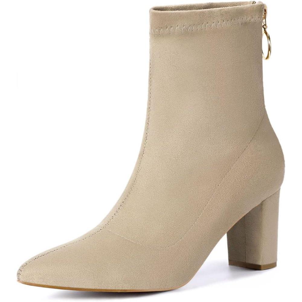 imageAllegra K Womens Pointed Toe Zipper Chunky Heels Ankle BootsBeige