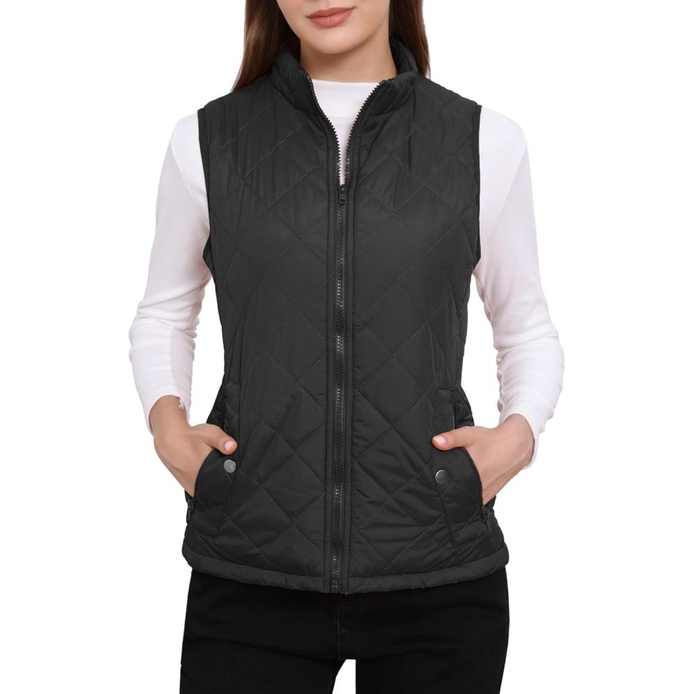 imageAllegra K Womens Puffer Vest Stand Collar Lightweight Gilet Quilted Zip VestBlack