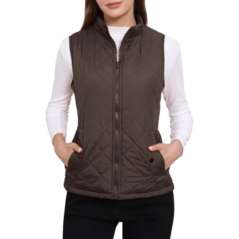imageAllegra K Womens Puffer Vest Stand Collar Lightweight Gilet Quilted Zip VestBrown