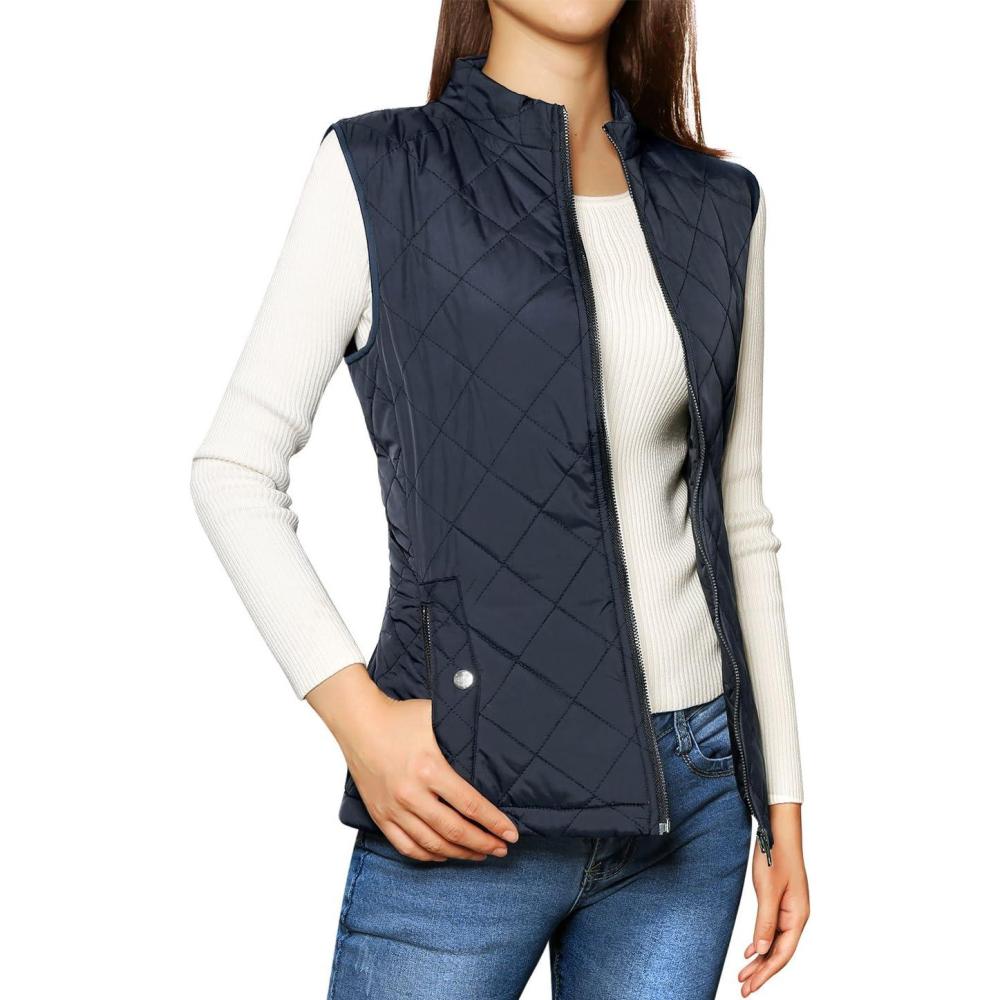 imageAllegra K Womens Puffer Vest Stand Collar Lightweight Gilet Quilted Zip VestDark Blue