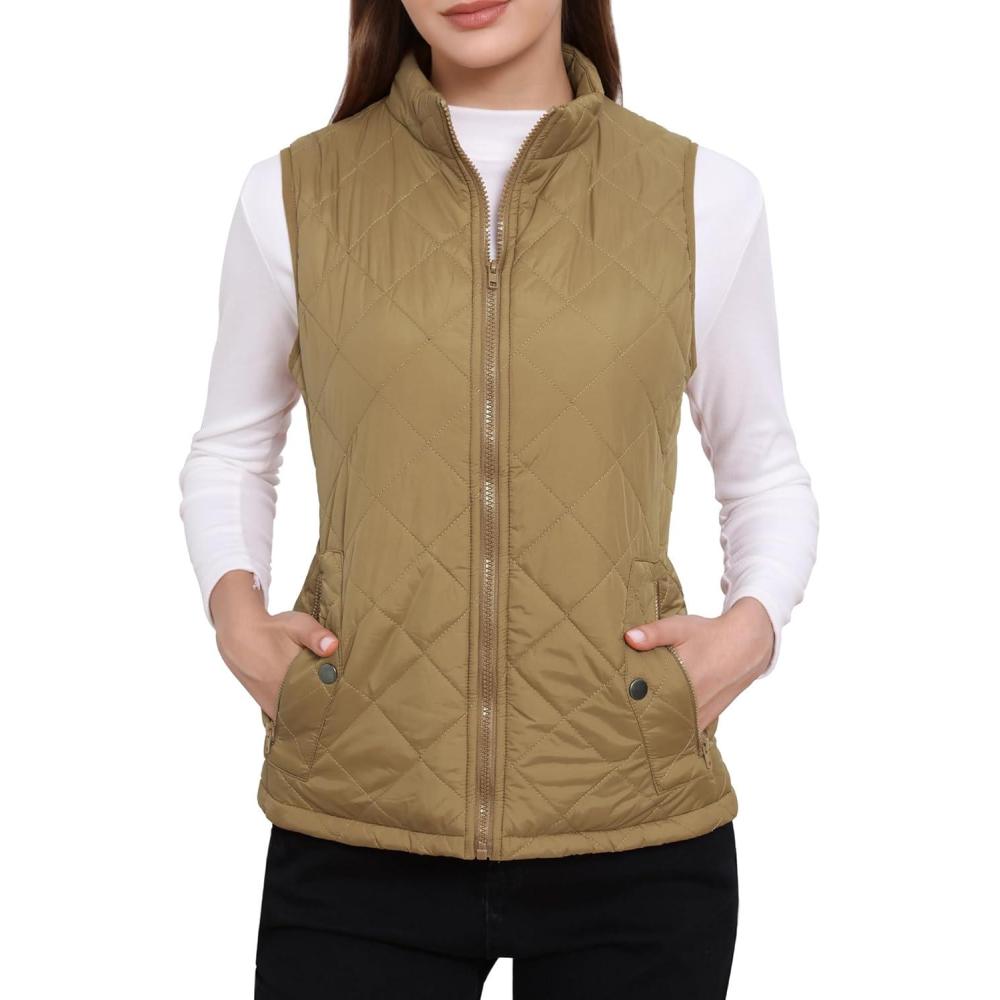 imageAllegra K Womens Puffer Vest Stand Collar Lightweight Gilet Quilted Zip VestKhaki