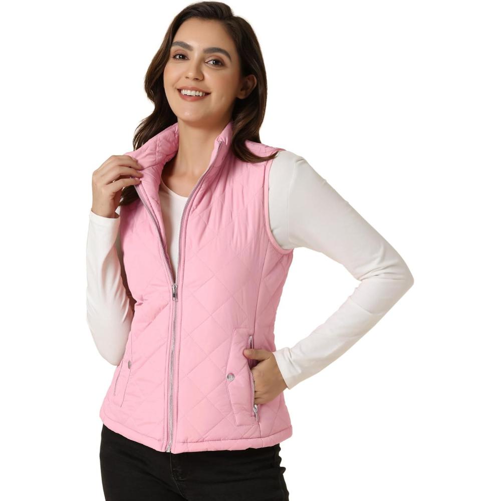 imageAllegra K Womens Puffer Vest Stand Collar Lightweight Gilet Quilted Zip VestPink