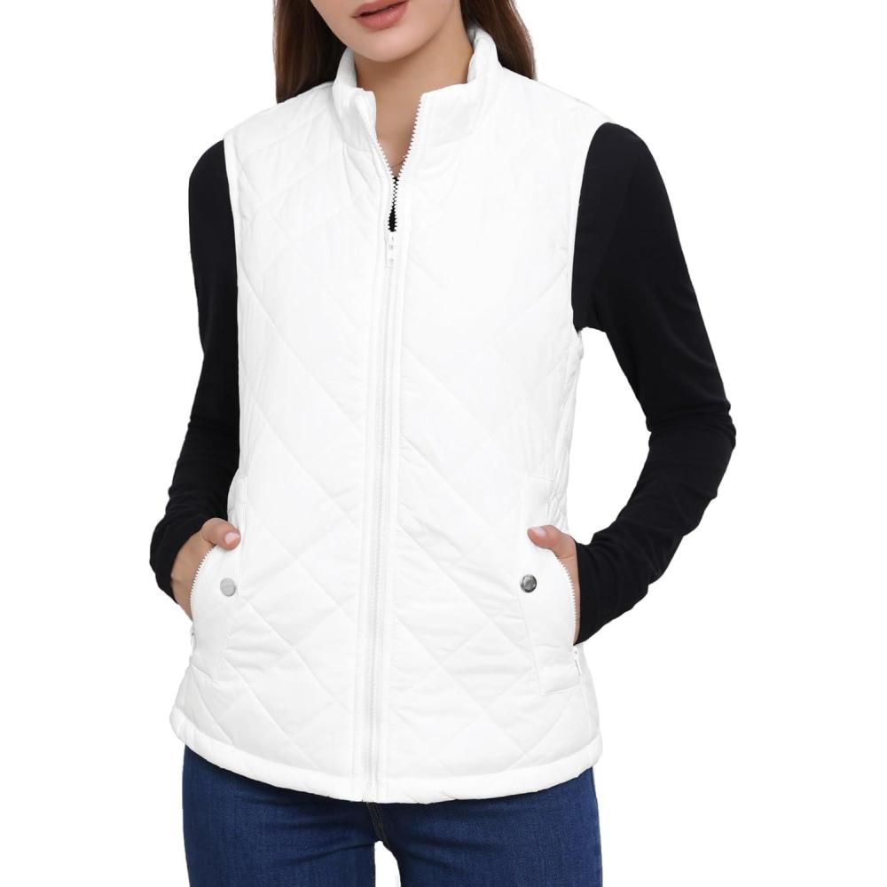 imageAllegra K Womens Puffer Vest Stand Collar Lightweight Gilet Quilted Zip VestWhite