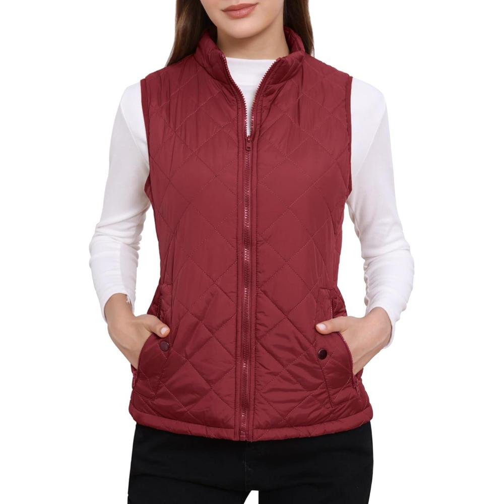 imageAllegra K Womens Puffer Vest Stand Collar Lightweight Gilet Quilted Zip VestWine Red