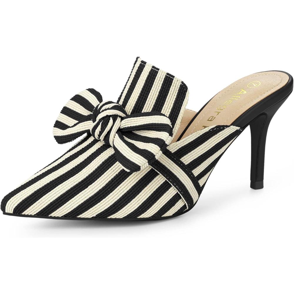 imageAllegra K Womens Stripe Bow Slip on Stiletto Heel Slides MulesBlack