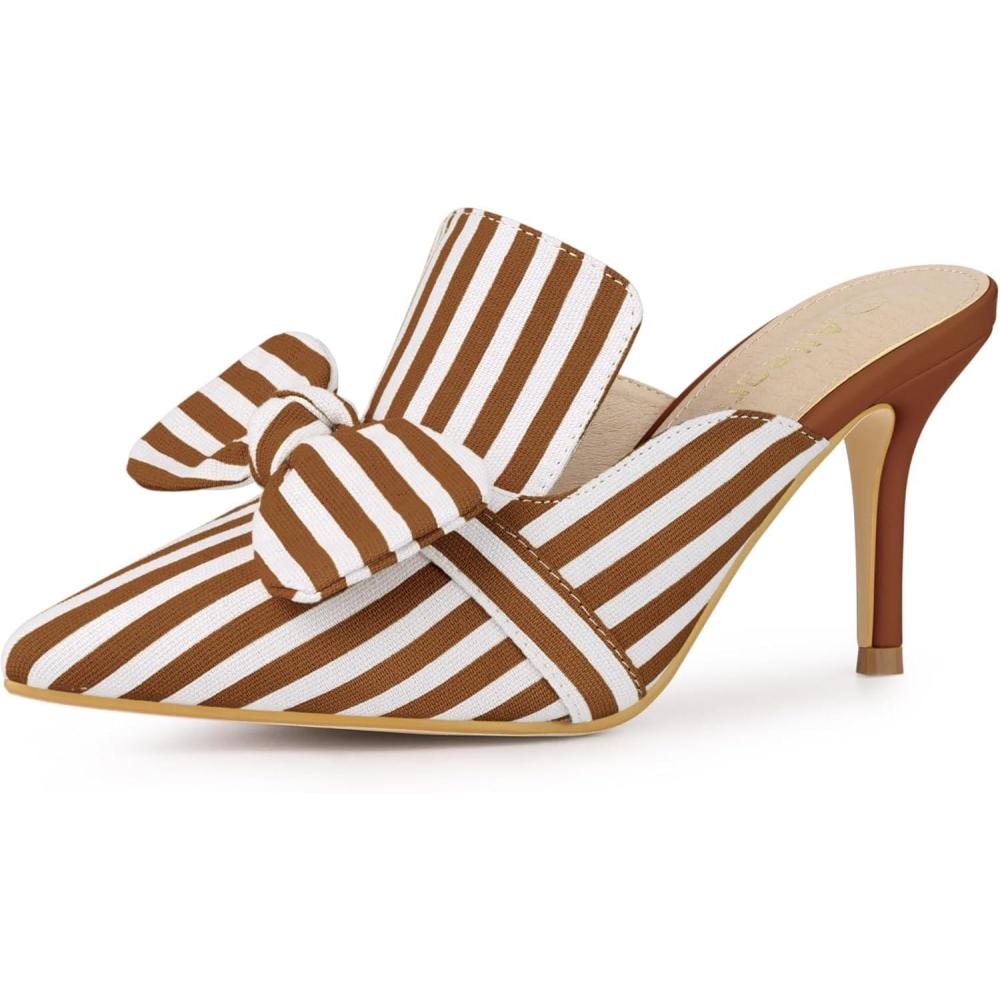 imageAllegra K Womens Stripe Bow Slip on Stiletto Heel Slides MulesDark Brown