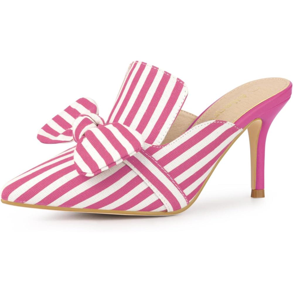 imageAllegra K Womens Stripe Bow Slip on Stiletto Heel Slides MulesHot Pink