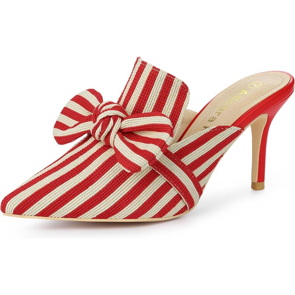 imageAllegra K Womens Stripe Bow Slip on Stiletto Heel Slides MulesRed