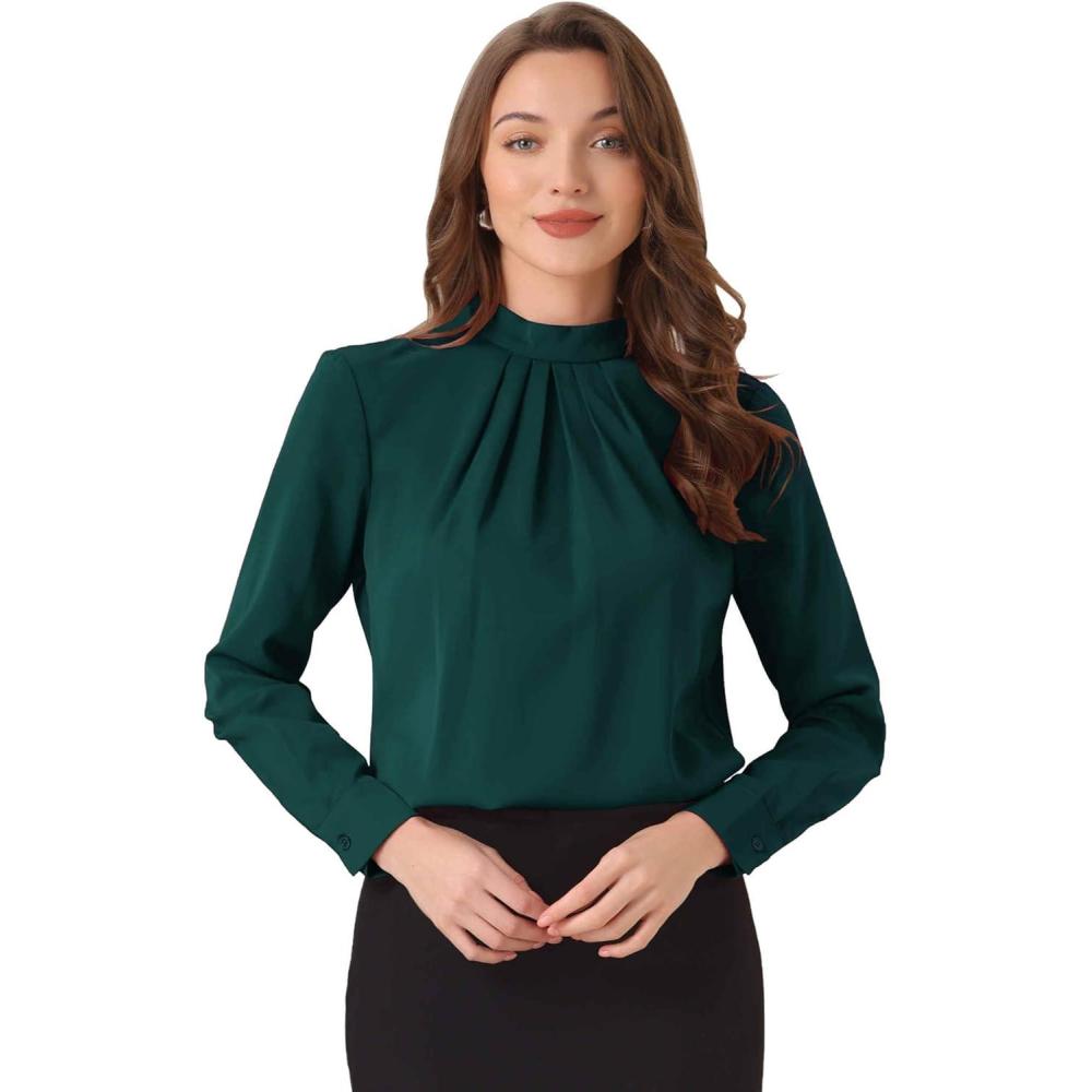 imageAllegra K Work Blouses for Women Stand Collar Long Sleeve Ruched Dressy Business Casual Work ShirtDark Green