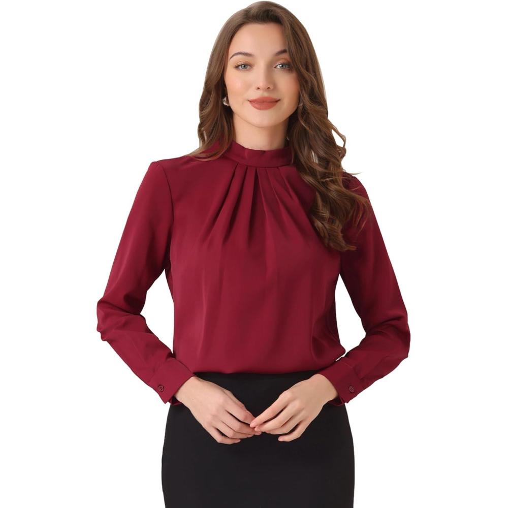 imageAllegra K Work Blouses for Women Stand Collar Long Sleeve Ruched Dressy Business Casual Work ShirtDark Red
