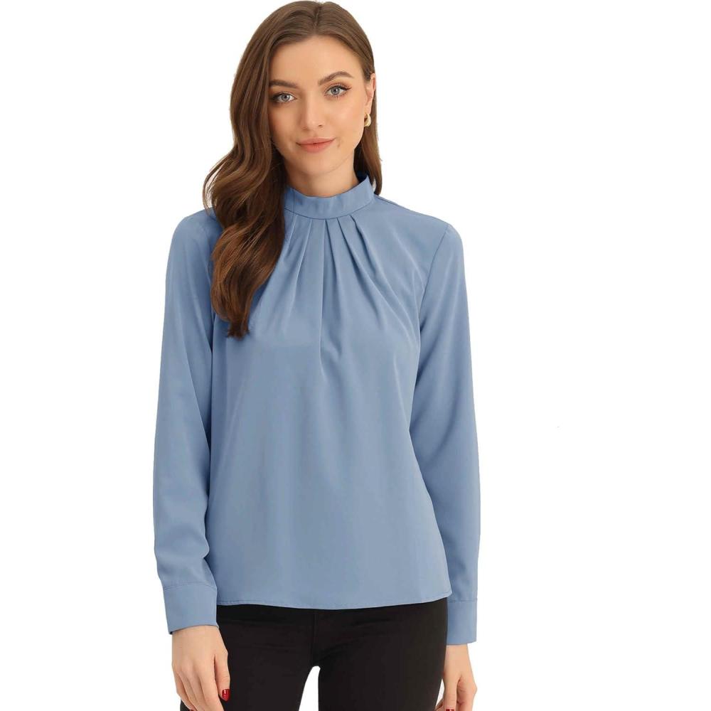 imageAllegra K Work Blouses for Women Stand Collar Long Sleeve Ruched Dressy Business Casual Work ShirtGrey Blue