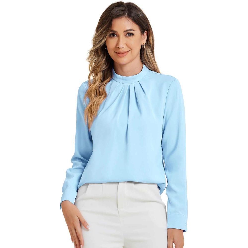 imageAllegra K Work Blouses for Women Stand Collar Long Sleeve Ruched Dressy Business Casual Work ShirtLight Blue