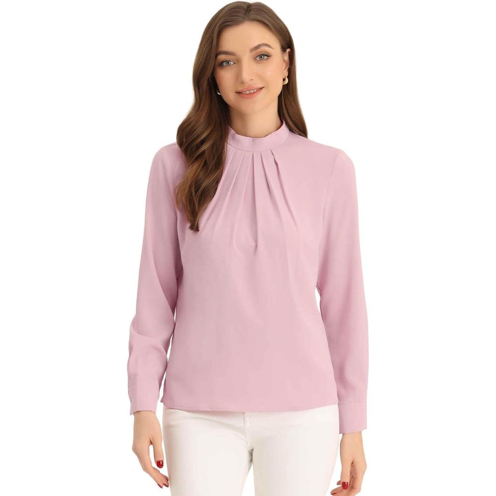 imageAllegra K Work Blouses for Women Stand Collar Long Sleeve Ruched Dressy Business Casual Work ShirtPink