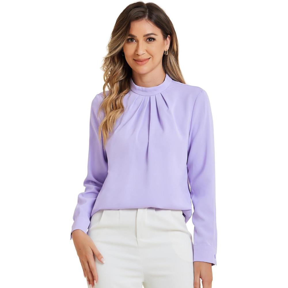 imageAllegra K Work Blouses for Women Stand Collar Long Sleeve Ruched Dressy Business Casual Work ShirtPurple