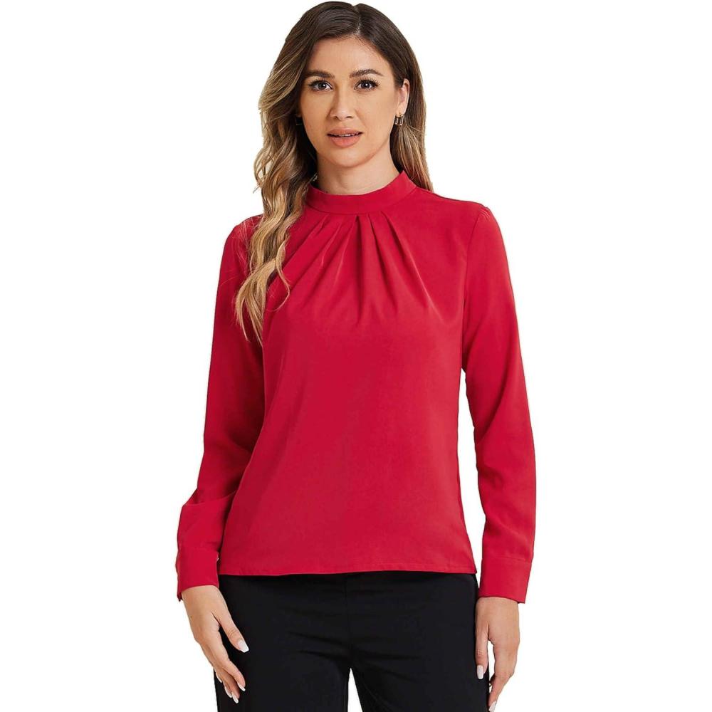imageAllegra K Work Blouses for Women Stand Collar Long Sleeve Ruched Dressy Business Casual Work ShirtRed