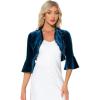imageAllegra K Velvet Shrug Top for Womens 34 Sleeve Open Front Ruffled Cocktail Party Cropped CardiganPeacock Blue