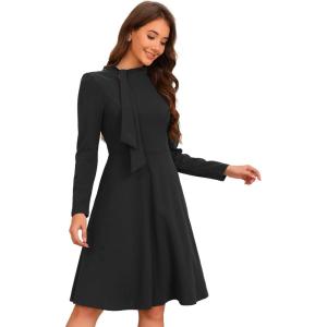 imageAllegra K 2024 Fall Long Sleeve Dress for Womens Collar Tie Mock Neck a Line Elegant Midi DressesBlack