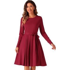 imageAllegra K A Line Dresses for Women 2024 Long Sleeve Tie Waist Pleated Business Casual Dress with PocketsRed