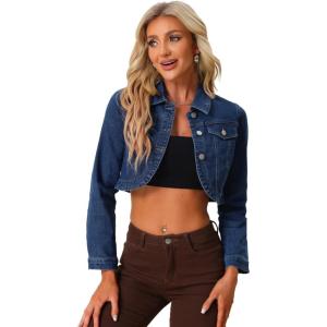 imageAllegra K Denim Jacket for Womens 2025 Casual Collared Long Sleeve Crop Jean JacketsDark Blue