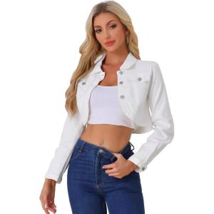 imageAllegra K Denim Jacket for Womens 2025 Casual Collared Long Sleeve Crop Jean JacketsWhite