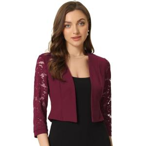 imageAllegra K Lace Shrug for Women 34 Sleeve Open Front Work Office Cropped Sheer Cardigan Formal Bolero JacketsBurgundy