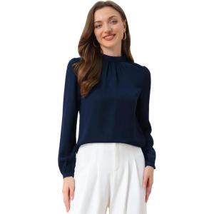 imageAllegra K Long Sleeve Work Tops for Womens Mock Neck Business Casual Blouses ShirtsDark Blue