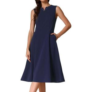 imageAllegra K Notch V Neck Dresses for Womens Elegant Work Office ALine Dress with PocketsDark Blue