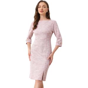 imageAllegra K Tweed Dress for Womens Fall Elegant Boat Neck 34 Sleeve 2025 Work DressPink