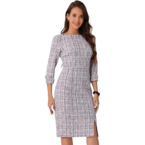 imageAllegra K Tweed Dress for Womens Fall Elegant Boat Neck 34 Sleeve 2025 Work DressWhite Purple
