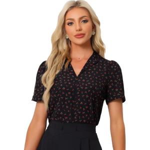 imageAllegra K V Neck Tops for Womens Elegant Casual Cherry Print Notch Lapel Summer Short Sleeve BlouseBlack