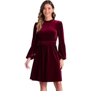 imageAllegra K Velvet Dresses for Womens Smocked Waistline Long Sleeve Wedding Guest DressRed
