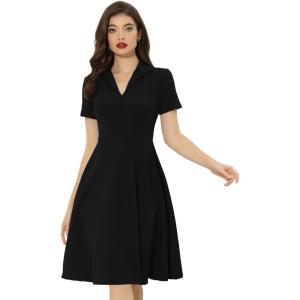 imageAllegra K Vintage Work Dresses for Womens 1950s Flat Collar Short Sleeve Fit and Flare DressBlack