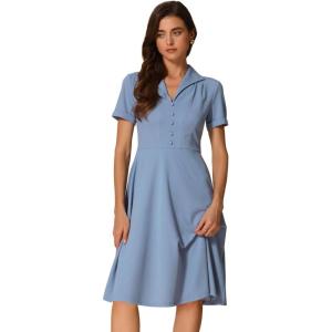 imageAllegra K Vintage Work Dresses for Womens 1950s Flat Collar Short Sleeve Fit and Flare DressBlue Gray