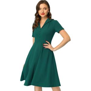imageAllegra K Vintage Work Dresses for Womens 1950s Flat Collar Short Sleeve Fit and Flare DressDark Green