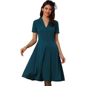 imageAllegra K Vintage Work Dresses for Womens 1950s Flat Collar Short Sleeve Fit and Flare DressPeacock Blue
