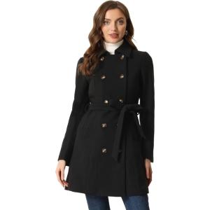 imageAllegra K Winter Trench Coat for Women Overcoat Belted Outwear Double Breasted Mid Long Pea CoatBlack