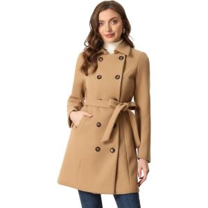 imageAllegra K Winter Trench Coat for Women Overcoat Belted Outwear Double Breasted Mid Long Pea CoatKhaki