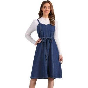 imageAllegra K Women Midi Denim Dress Sleeveless Sweetheart Neck Smocked Cross Back ALine Belted Jean DressesDark Blue
