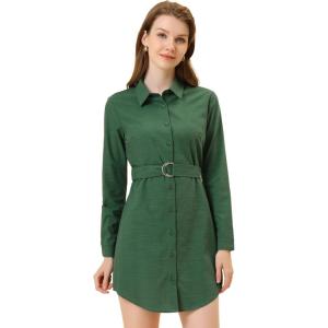 imageAllegra K Womens Belted Roll Up Sleeve Button Up Collared Shirt DressGreen